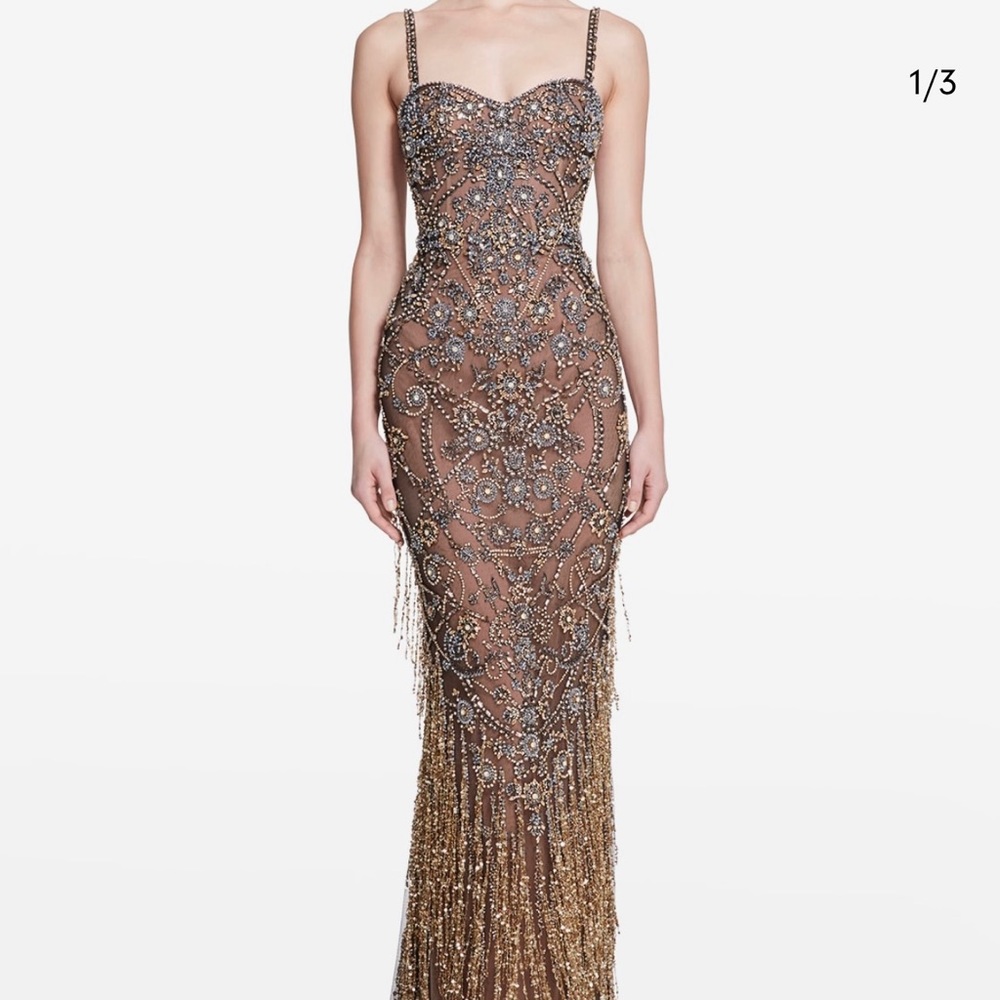 Marchesa Gold Beaded Sheer Embellished Evening Gown